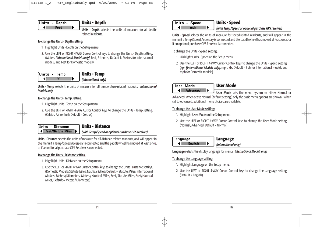 Humminbird 737, 700 series, 531438-1_A manual Units Depth, Units Temp, Units Distance, Units Speed, User Mode, Language 