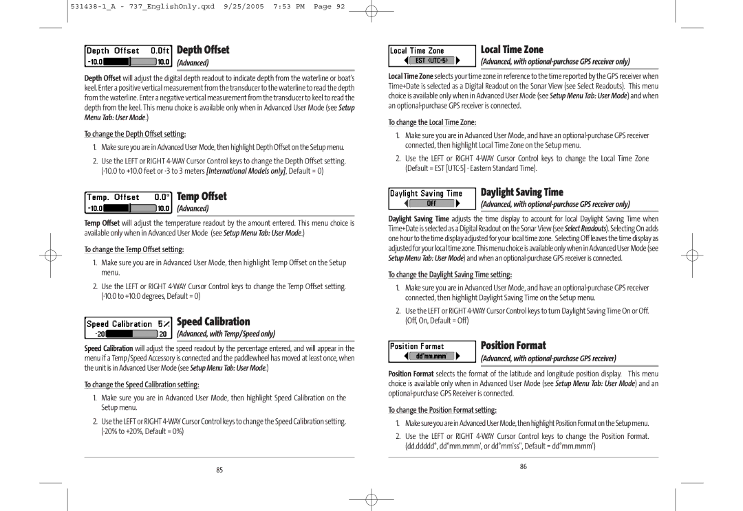 Humminbird 531438-1_A, 737, 700 series manual Depth Offset, Temp Offset, Speed Calibration, Position Format 