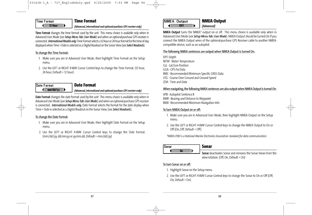 Humminbird 737, 700 series, 531438-1_A manual Time Format, Date Format, Nmea Output, Sonar 