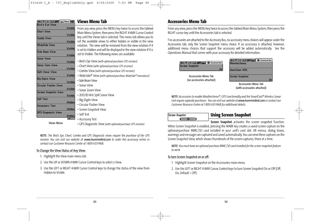 Humminbird 700 series Views Menu Tab, Accessories Menu Tab, Using Screen Snapshot, To Change the View Status of Any View 