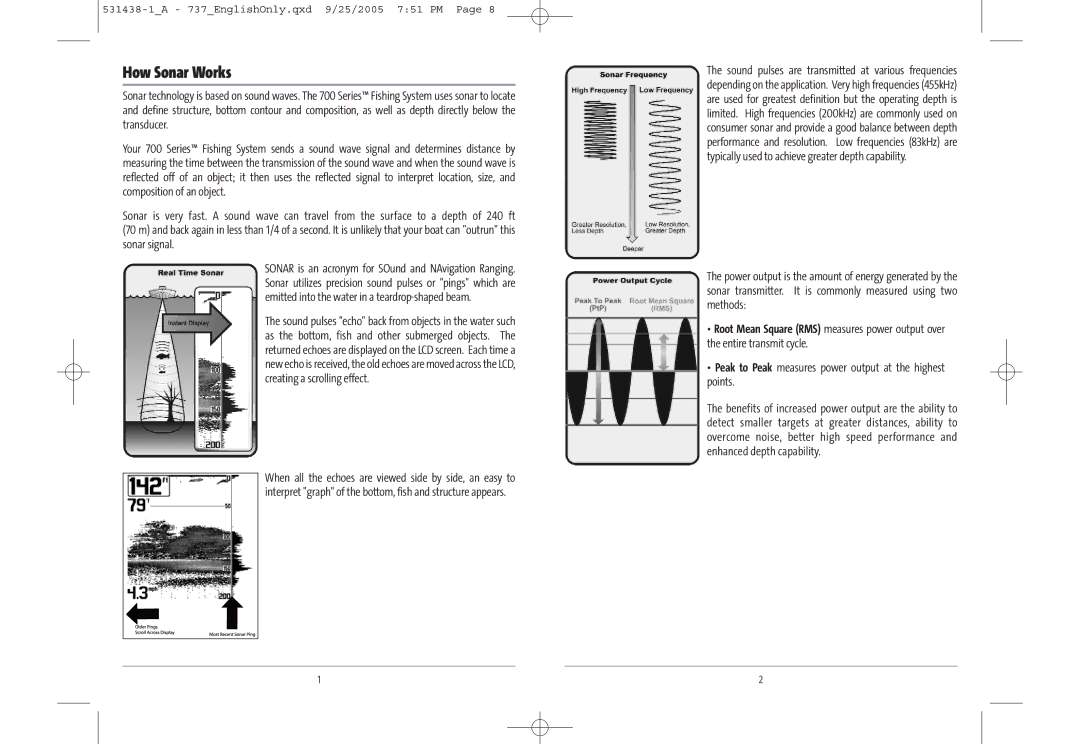 Humminbird 531438-1_A, 737, 700 series manual How Sonar Works, Peak to Peak measures power output at the highest points 