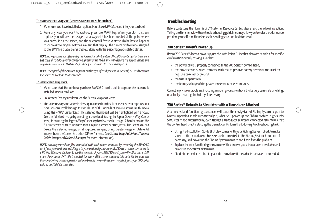 Humminbird 531438-1_A Troubleshooting, To make a screen snapshot Screen Snapshot must be enabled, To view screen snapshots 