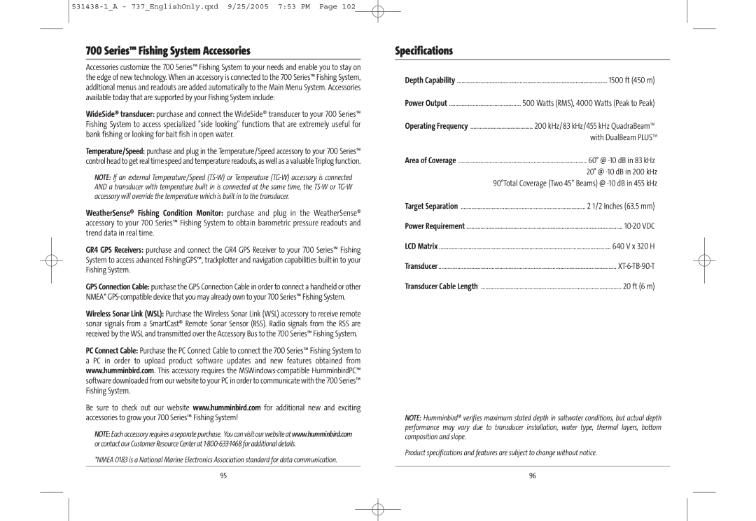 Humminbird 700 series, 737, 531438-1_A manual Series Fishing System Accessories, Specifications 