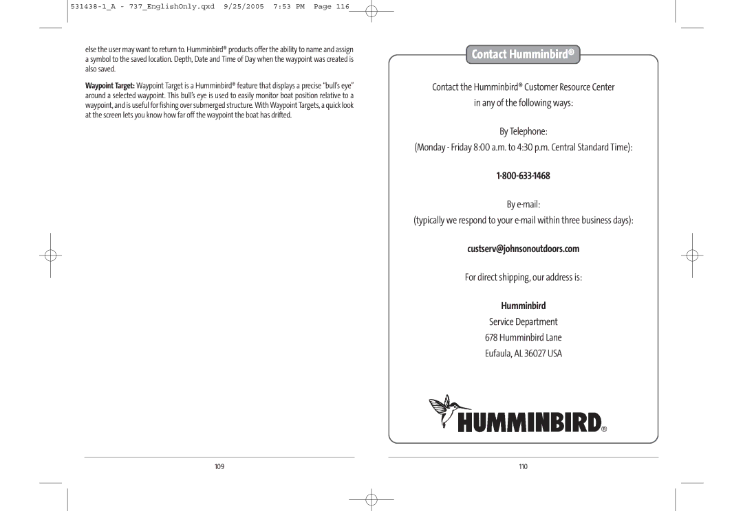 Humminbird 531438-1_A, 737, 700 series manual Contact Humminbird 