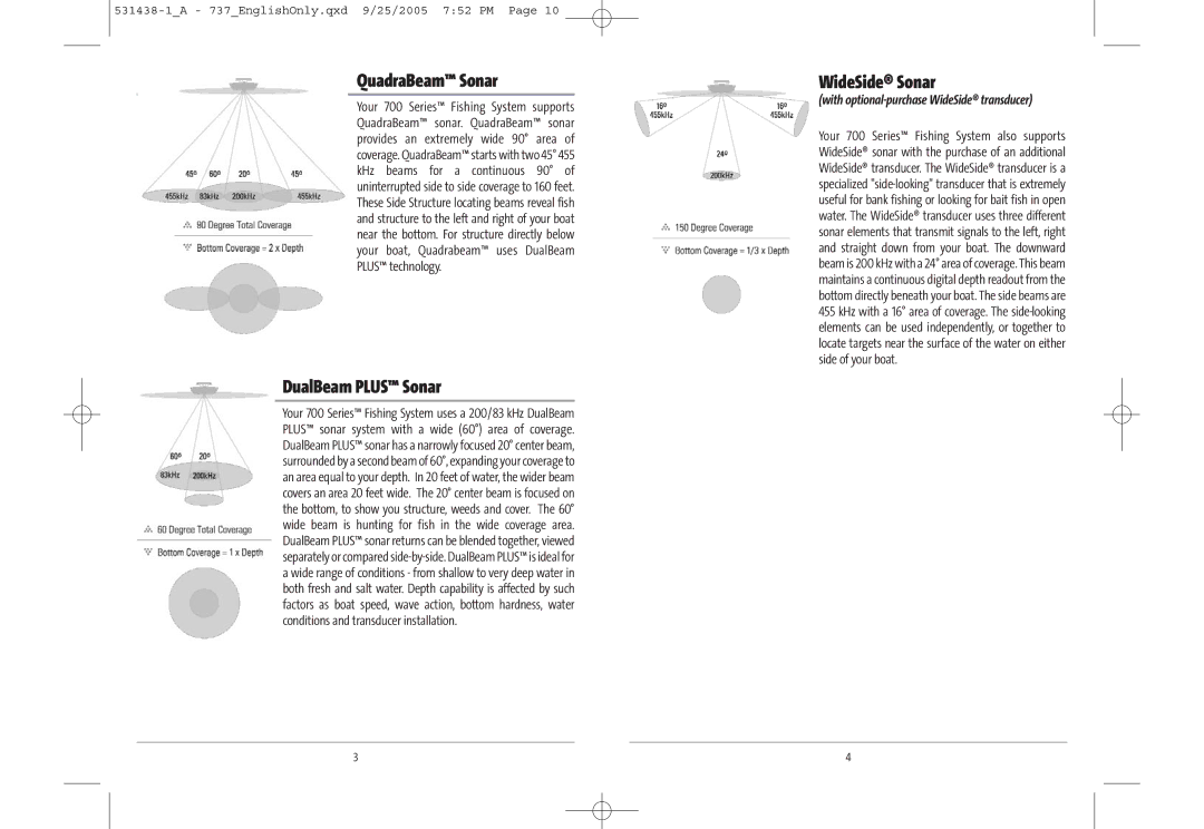 Humminbird 737 manual QuadraBeam Sonar, DualBeam Plus Sonar, WideSide Sonar, With optional-purchase WideSide transducer 