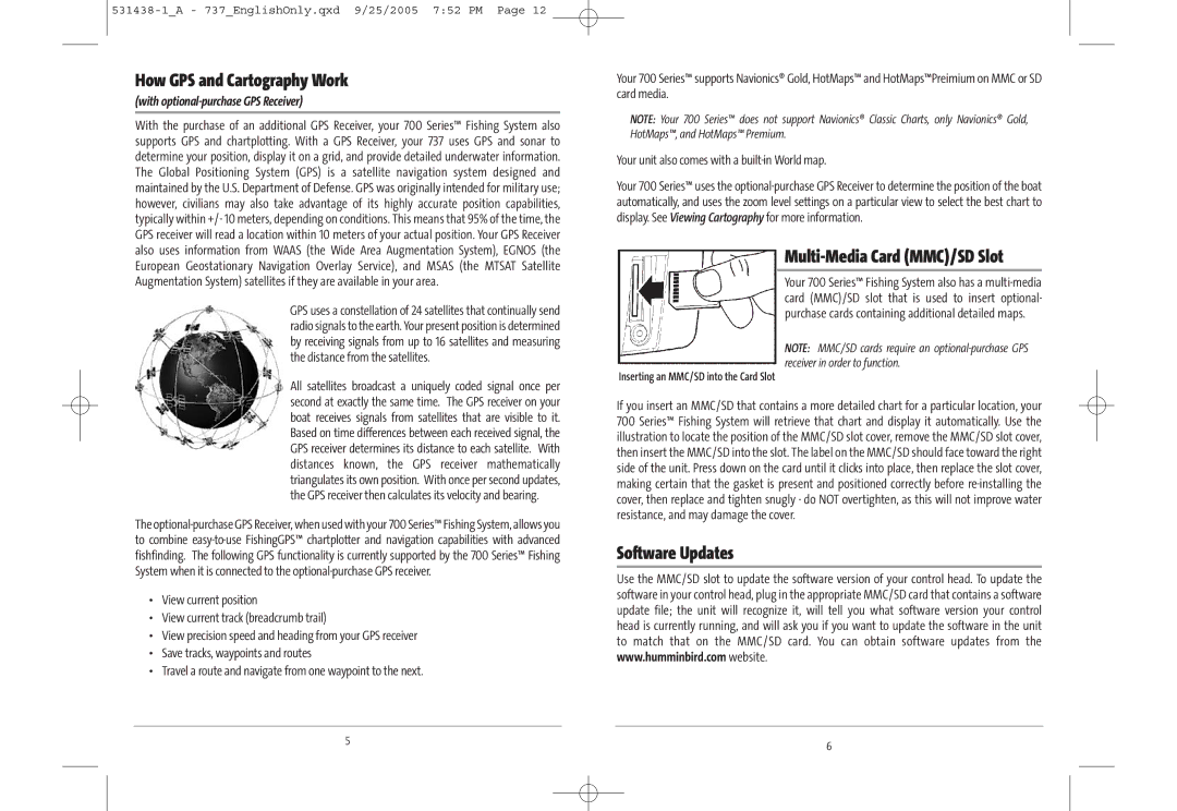 Humminbird 700 series, 737, 531438-1_A manual How GPS and Cartography Work, Multi-Media Card MMC/SD Slot, Software Updates 