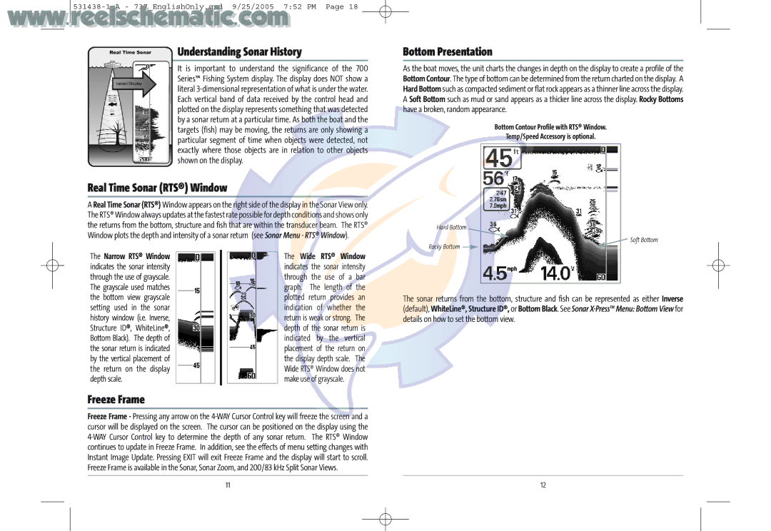 Humminbird 737 GPS manual Understanding Sonar History, Real Time Sonar RTS Window, Bottom Presentation, Freeze Frame 