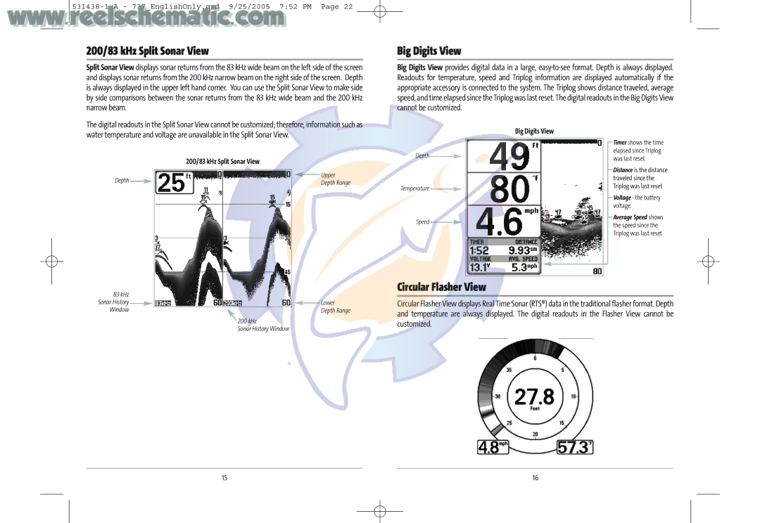 Humminbird 737 GPS manual 200/83 kHz Split Sonar View, Big Digits View, Circular Flasher View 