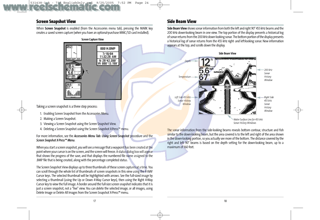 Humminbird 737 GPS manual Screen Snapshot View, Side Beam View, Making a Screen Snapshot, Screen Capture View 