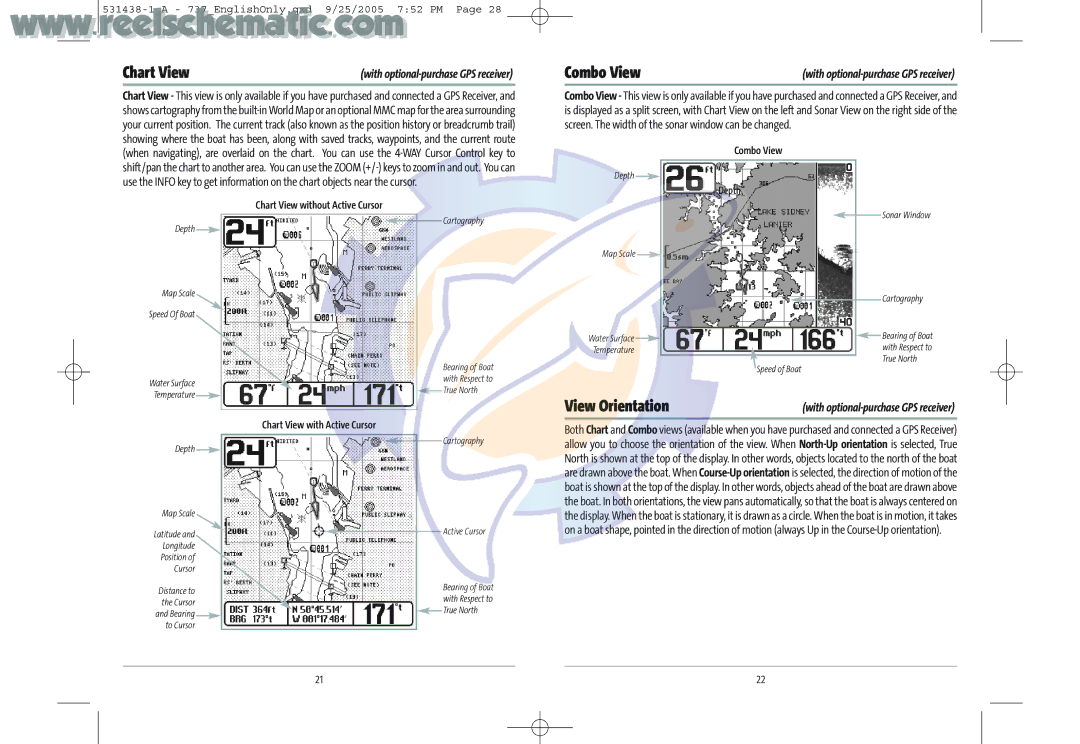 Humminbird 737 GPS manual Chart View without Active Cursor, Combo View, Depth, Chart View with Active Cursor 