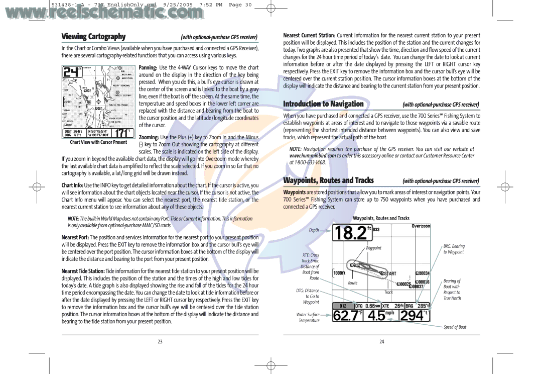 Humminbird 737 GPS manual Viewing Cartography, Waypoints, Routes and Tracks 