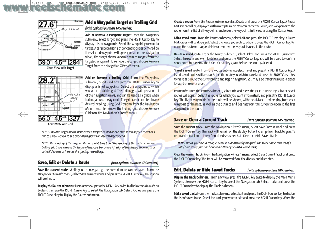 Humminbird 737 GPS manual Add a Waypoint Target or Trolling Grid, Chart View with Grid 