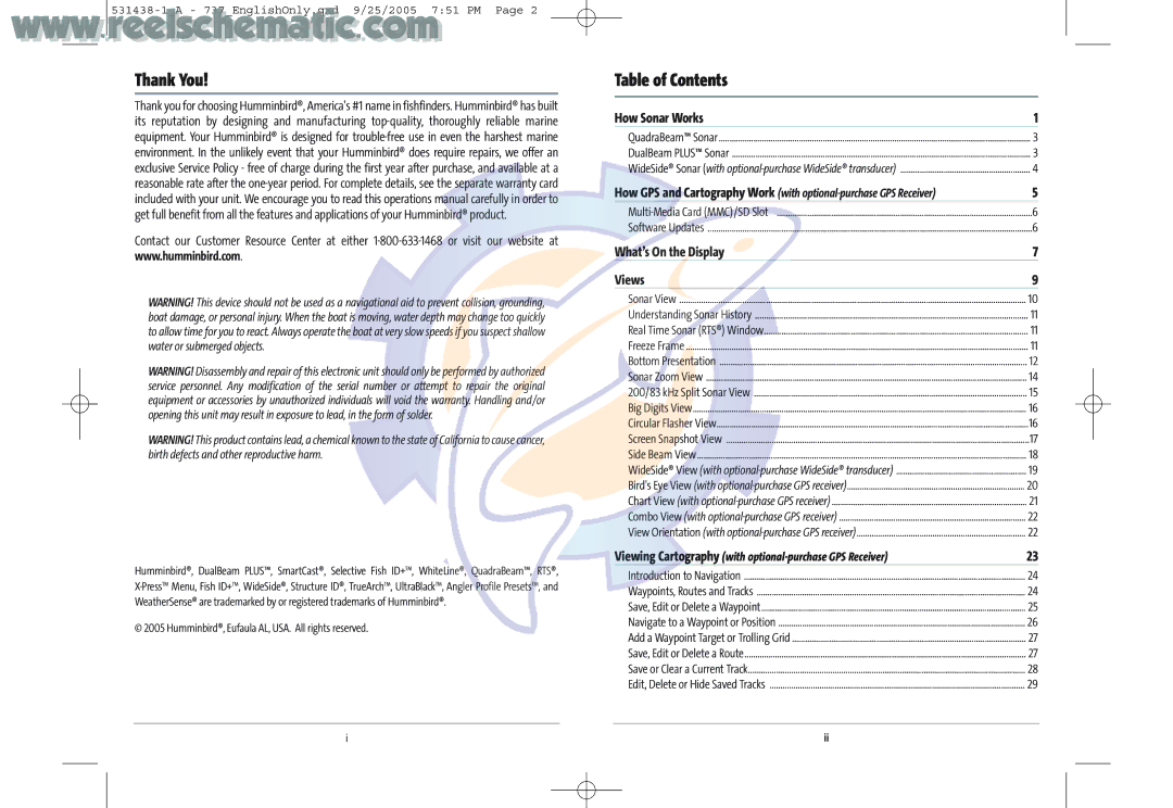 Humminbird 737 GPS manual Thank You, Table of Contents 