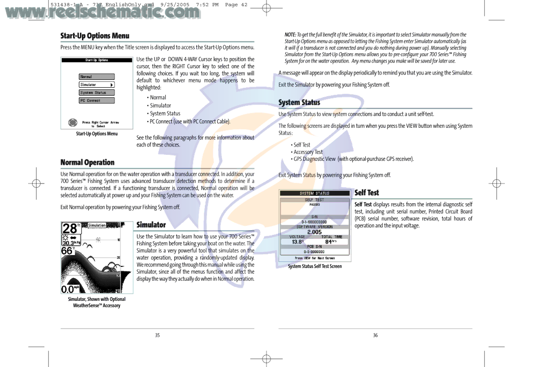 Humminbird 737 GPS manual Start-Up Options Menu, Normal Operation, System Status, Simulator, Self Test 
