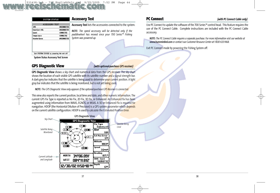 Humminbird 737 GPS manual Accessory Test, Exit PC Connect mode by powering the Fishing System off, GPS Diagnostic View 