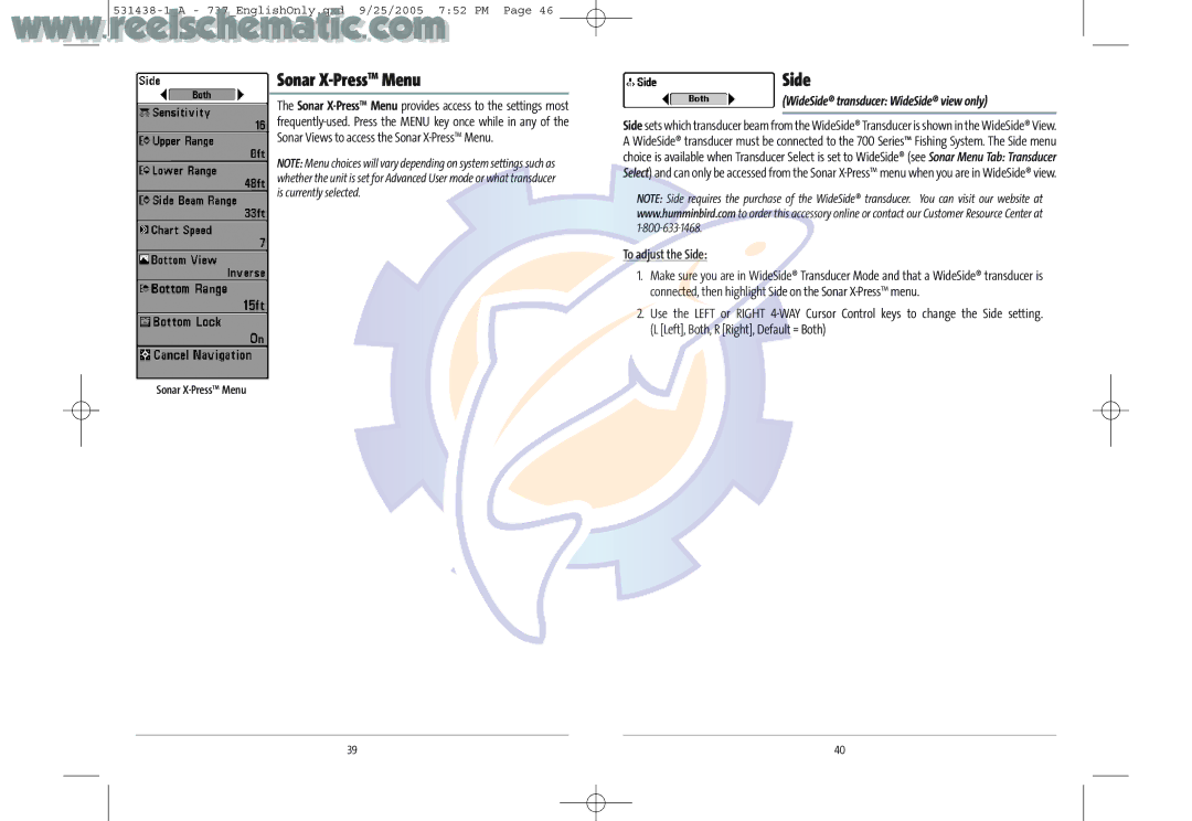 Humminbird 737 GPS manual Sonar X-PressTMMenu, WideSide transducer WideSide view only, To adjust the Side 