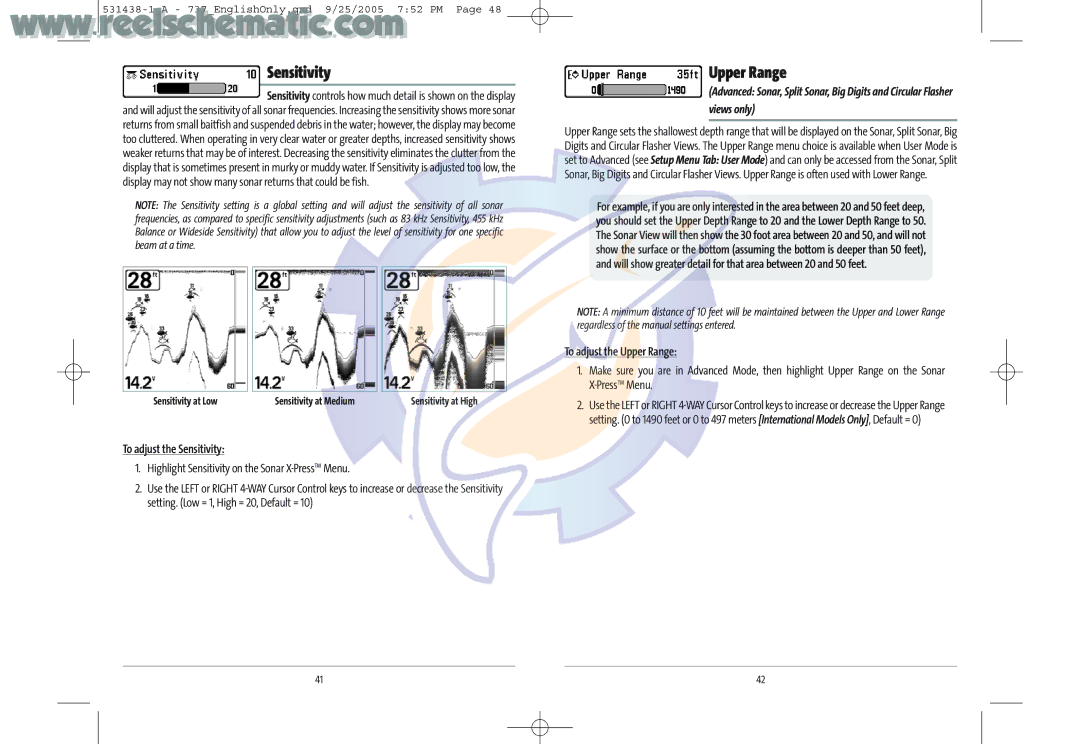 Humminbird 737 GPS manual Upper Range, To adjust the Sensitivity, Highlight Sensitivity on the Sonar X-PressTMMenu 