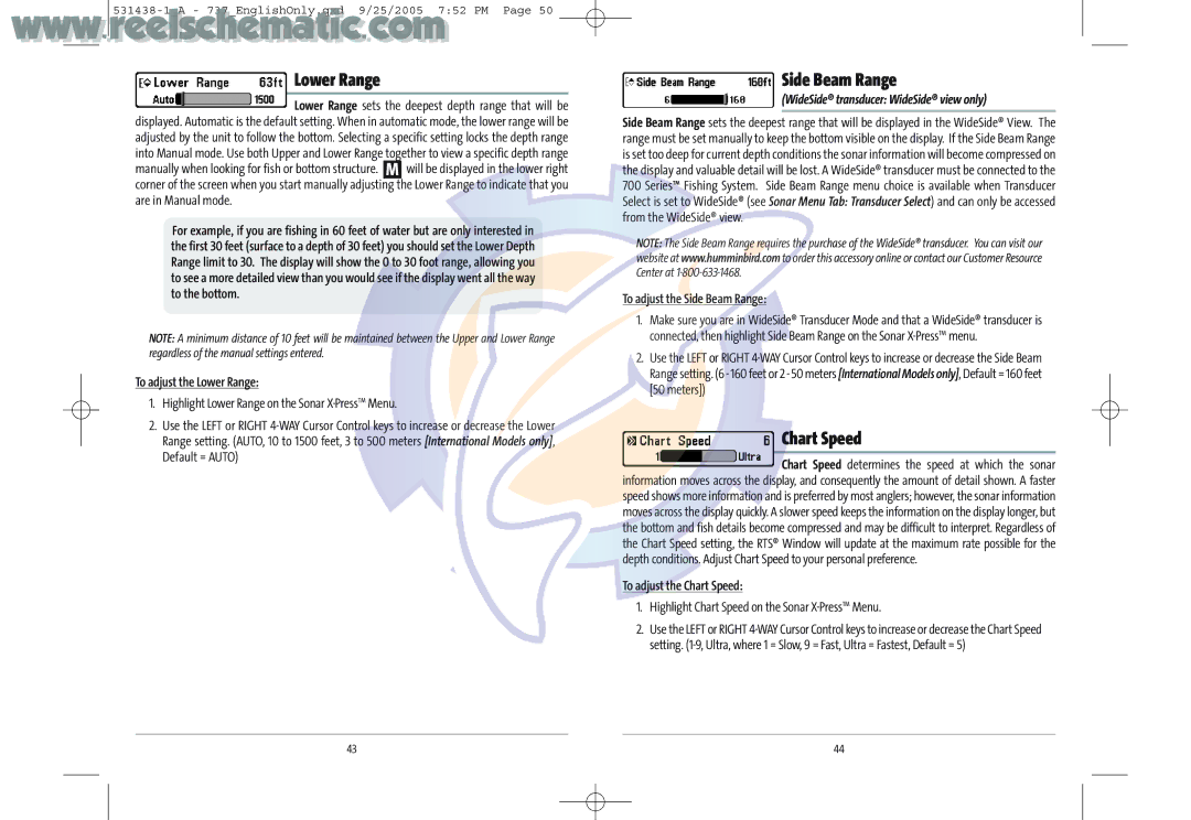 Humminbird 737 GPS manual Lower Range, Side Beam Range, Chart Speed 