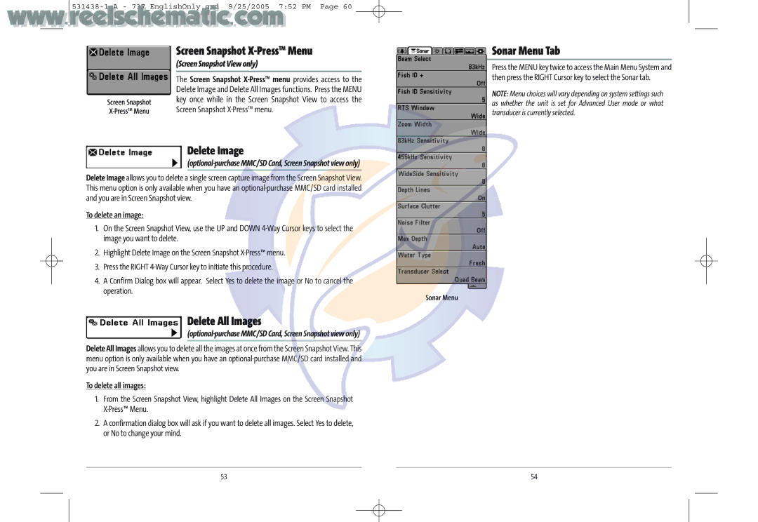 Humminbird 737 GPS manual Screen Snapshot X-Press TM Menu, Delete Image, Delete All Images, Sonar Menu Tab 