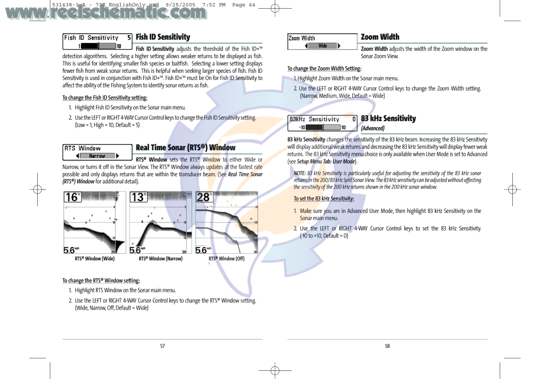 Humminbird 737 GPS manual Fish ID Sensitivity, Zoom Width, KHz Sensitivity, Advanced 