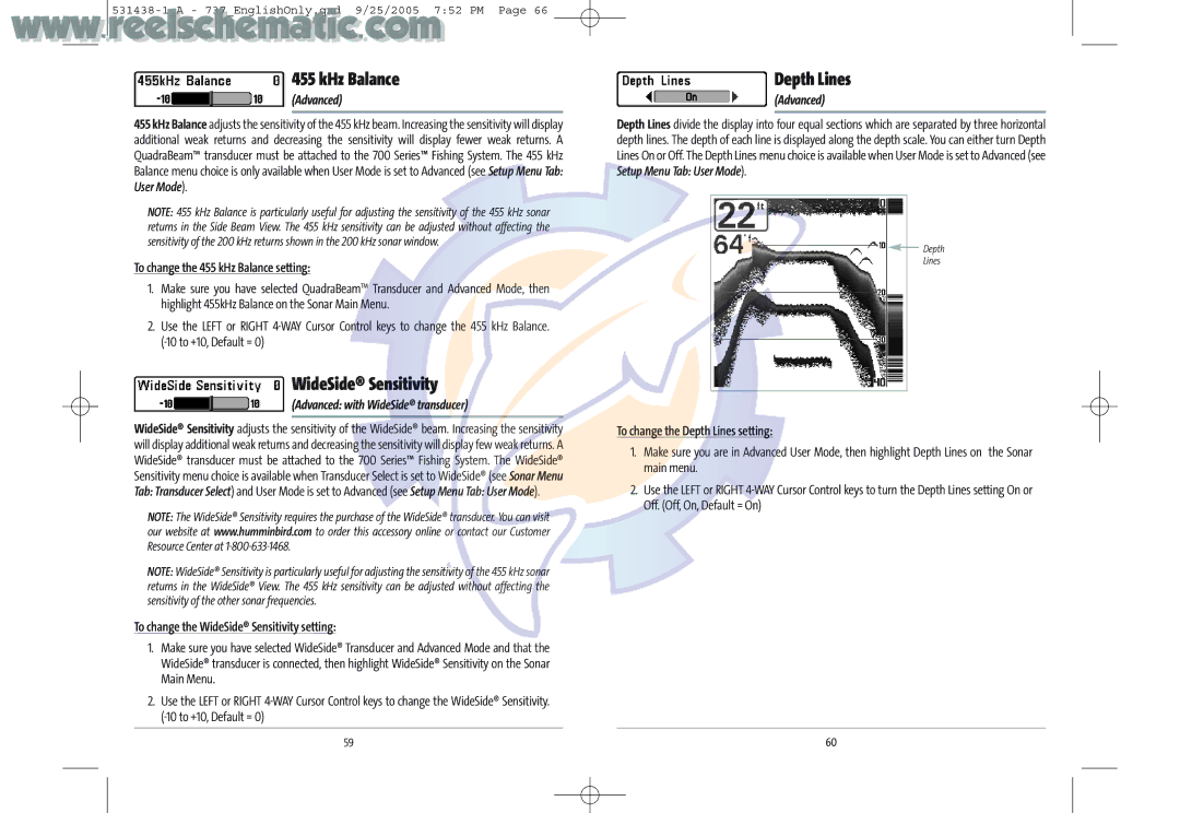 Humminbird 737 GPS manual KHz Balance, WideSide Sensitivity, Depth Lines, Advanced with WideSide transducer 