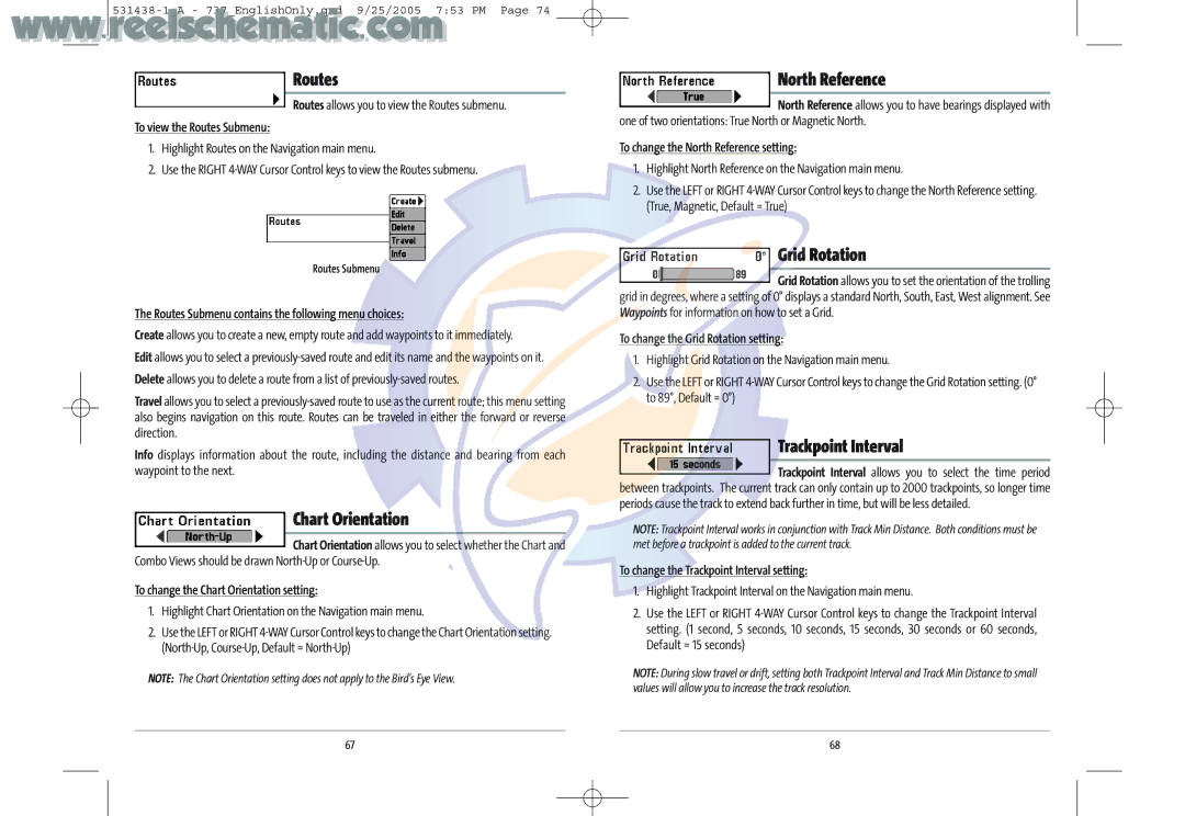Humminbird 737 GPS manual Routes, Chart Orientation, North Reference, Grid Rotation, Trackpoint Interval 
