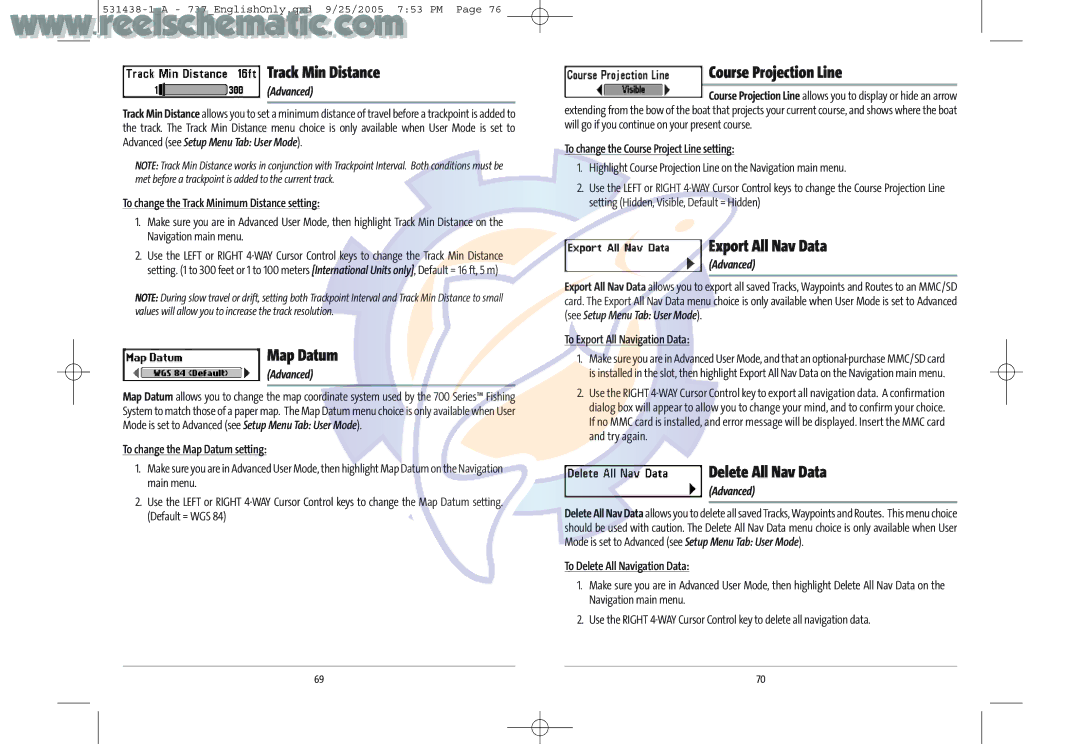 Humminbird 737 GPS manual Track Min Distance, Map Datum, Course Projection Line, Export All Nav Data, Delete All Nav Data 