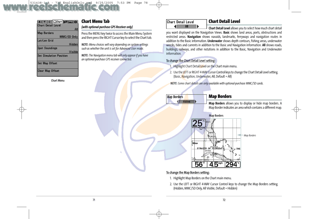 Humminbird 737 GPS manual Chart Menu Tab, Chart Detail Level, Map Borders, With optional-purchase GPS Receiver only 