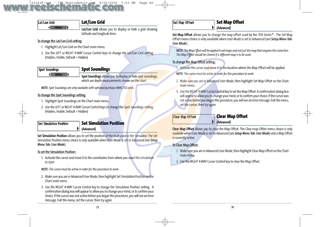 Humminbird 737 GPS manual Lat/Lon Grid, Spot Soundings, Set Simulation Position, Set Map Offset, Clear Map Offset 