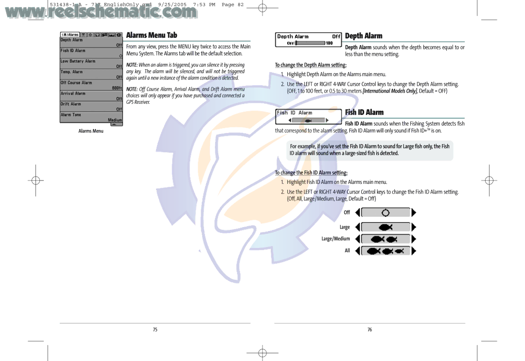 Humminbird 737 GPS manual Alarms Menu Tab, Fish ID Alarm, To change the Depth Alarm setting 