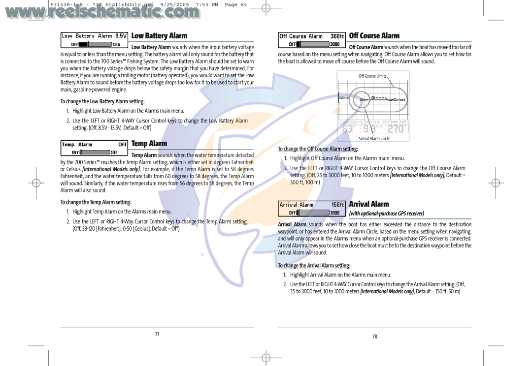 Humminbird 737 GPS manual Low Battery Alarm, Temp Alarm, Off Course Alarm, Arrival Alarm 