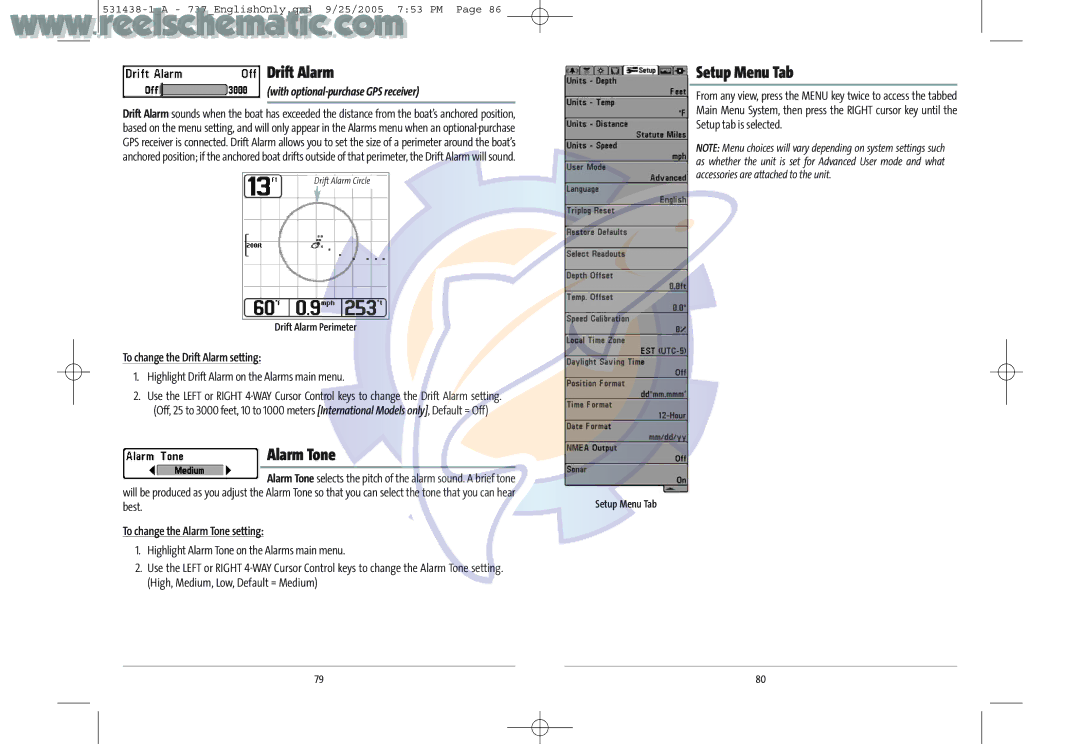 Humminbird 737 GPS manual Setup Menu Tab, To change the Drift Alarm setting, To change the Alarm Tone setting 
