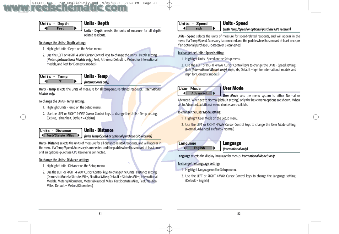 Humminbird 737 GPS manual Units Depth, Units Temp, Units Distance, Units Speed, User Mode, Language 