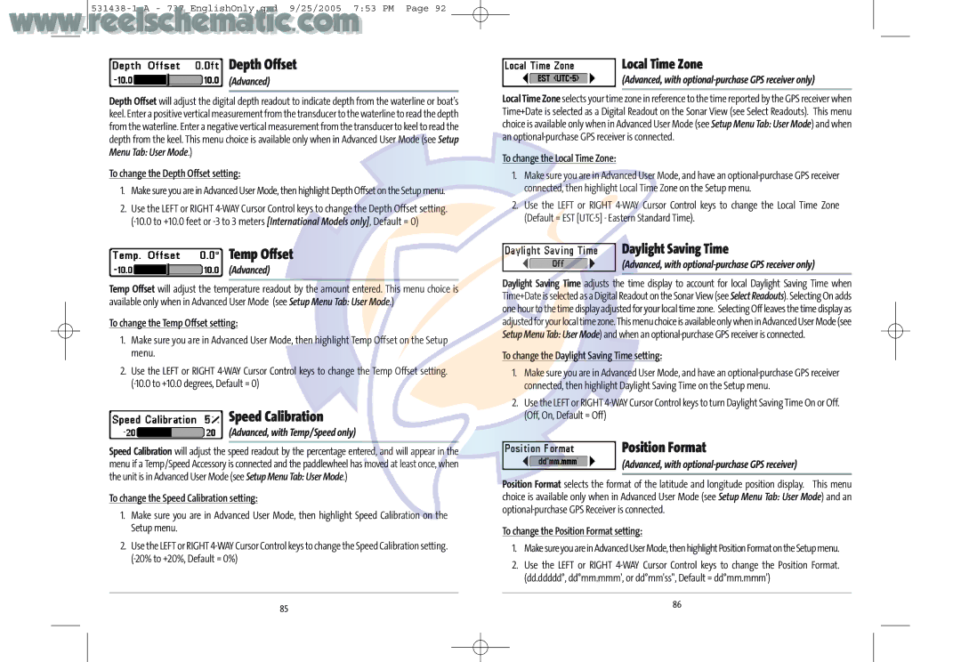 Humminbird 737 GPS manual Depth Offset, Temp Offset, Speed Calibration, Position Format 
