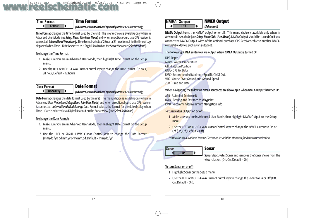 Humminbird 737 GPS manual Time Format, Date Format, Nmea Output, Sonar 