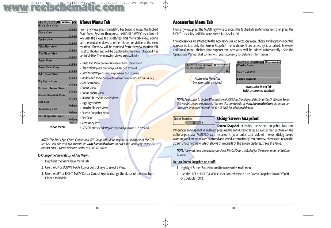Humminbird 737 GPS Views Menu Tab, Accessories Menu Tab, Using Screen Snapshot, To Change the View Status of Any View 