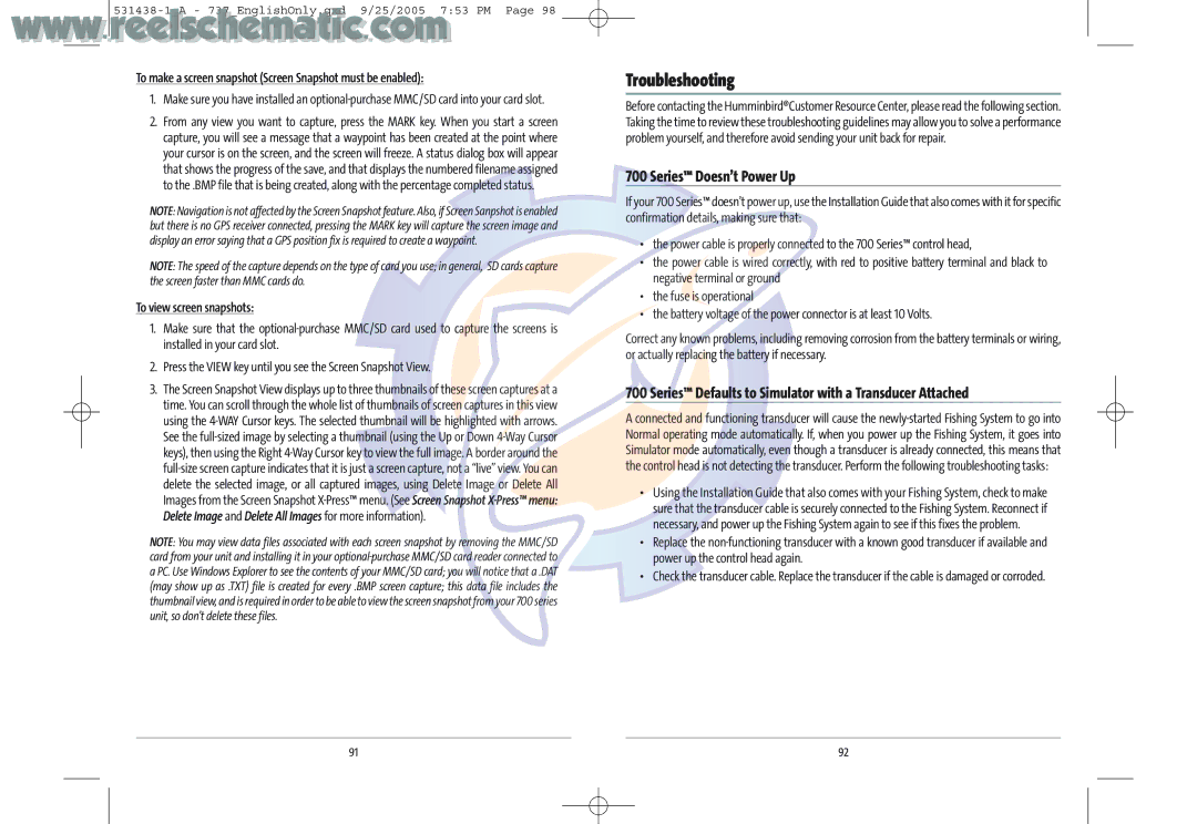 Humminbird 737 GPS Troubleshooting, To make a screen snapshot Screen Snapshot must be enabled, To view screen snapshots 