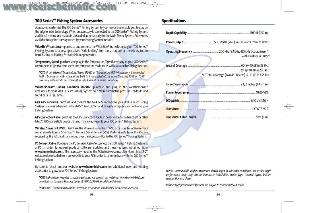 Humminbird 737 GPS manual Series Fishing System Accessories, Specifications 