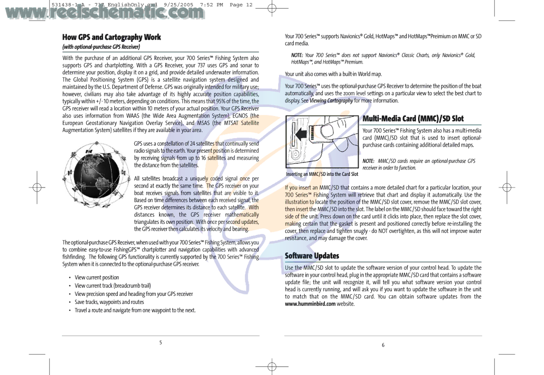 Humminbird 737 GPS manual How GPS and Cartography Work, Multi-Media Card MMC/SD Slot, Software Updates 