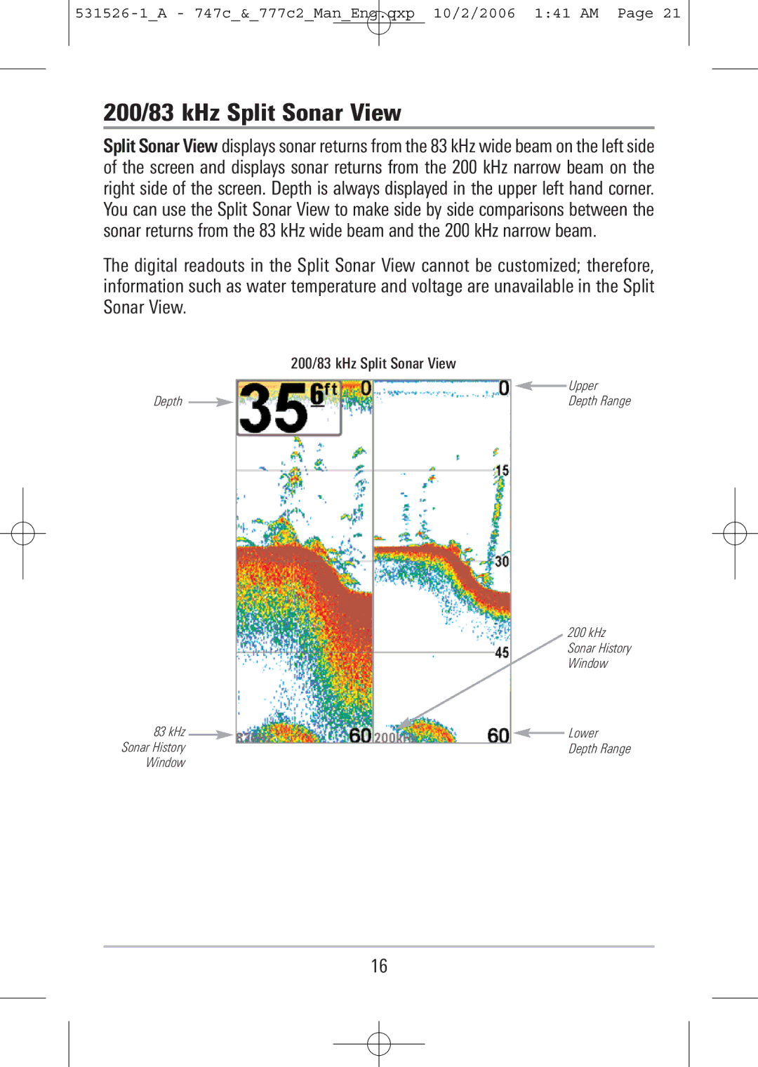 Humminbird 777c2, 747c manual 200/83 kHz Split Sonar View 