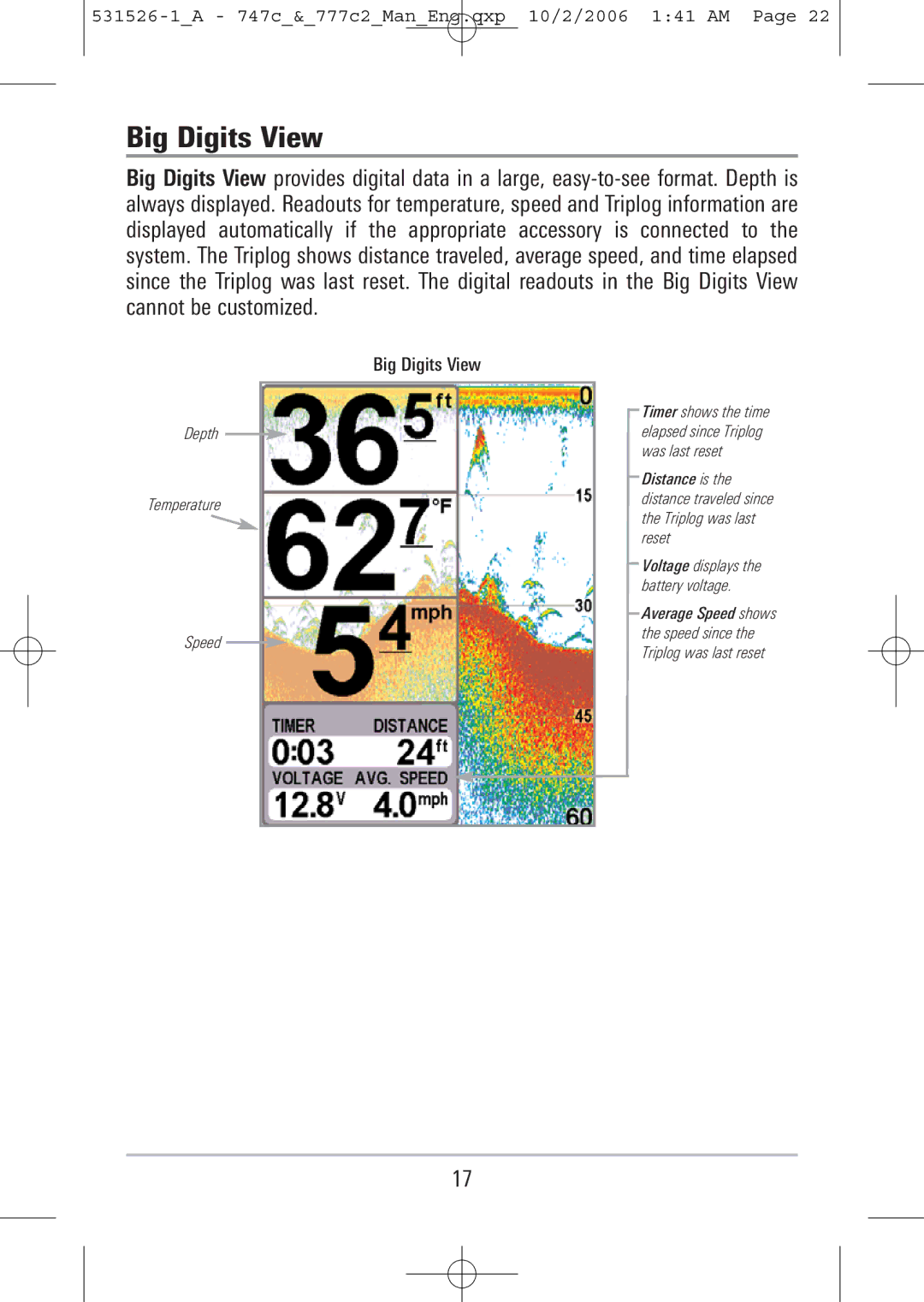 Humminbird 747c, 777c2 manual Big Digits View 