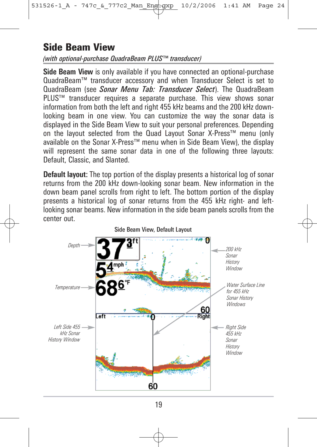 Humminbird 747c, 777c2 manual Side Beam View, Default Layout 