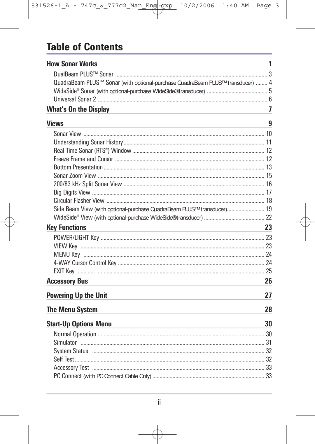 Humminbird 777c2, 747c manual Table of Contents 