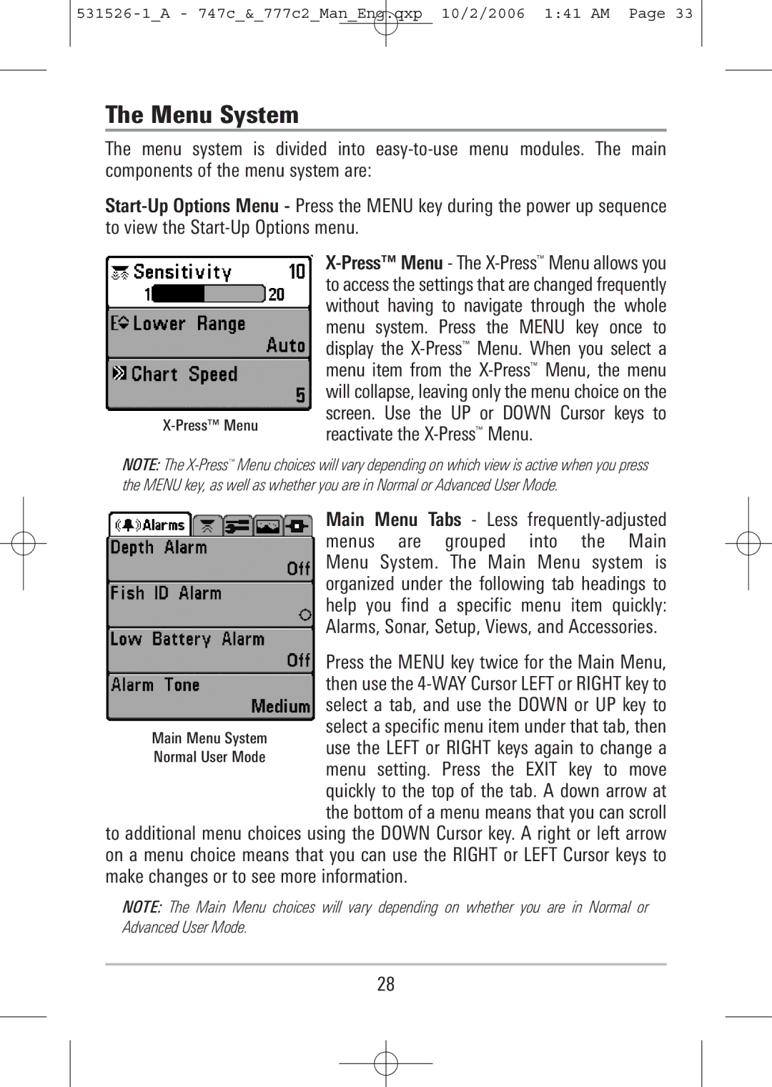 Humminbird 777c2, 747c manual Menu System, Reactivate the X-Press Menu 