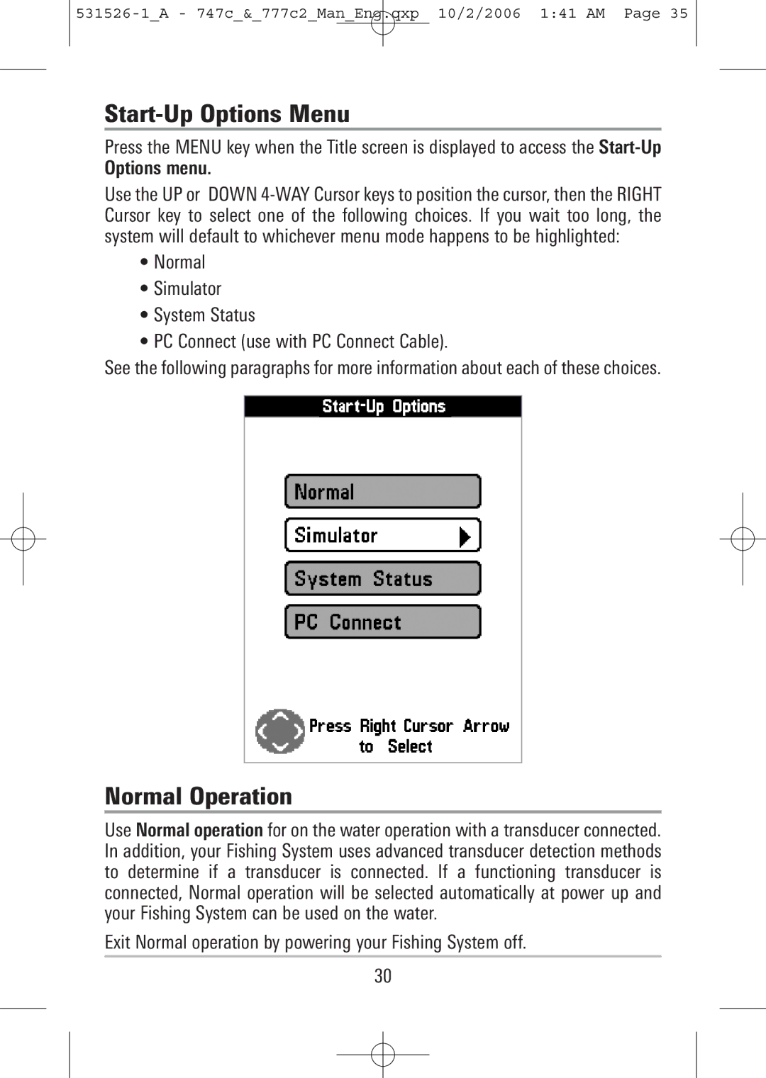 Humminbird 777c2, 747c manual Start-Up Options Menu, Normal Operation 