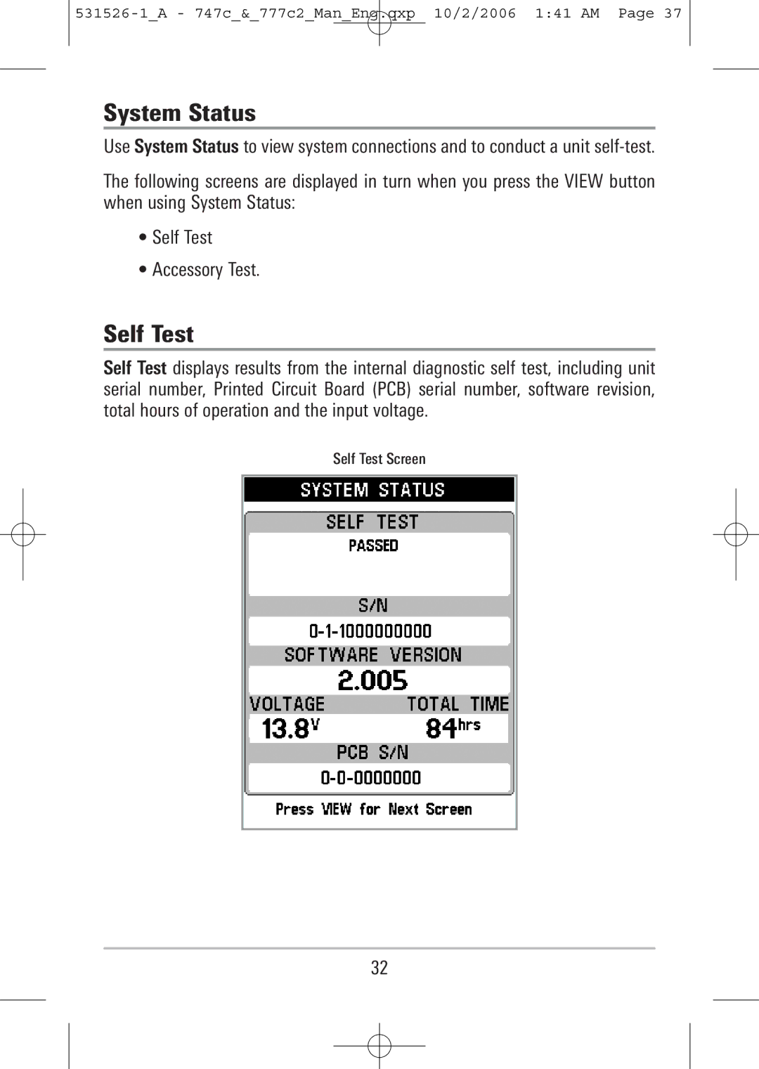 Humminbird 777c2, 747c manual System Status, Self Test 