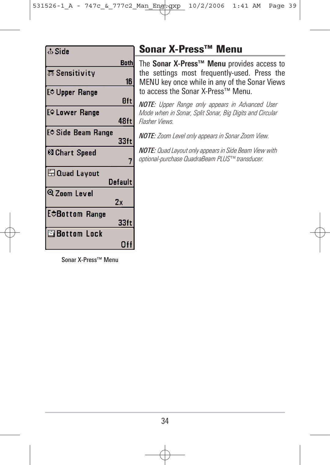 Humminbird 777c2, 747c manual Sonar X-Press Menu 