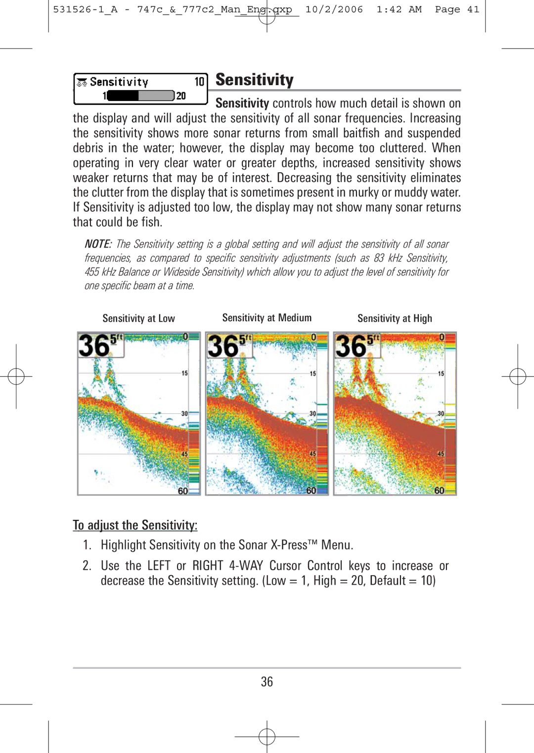 Humminbird 777c2, 747c manual Sensitivity 