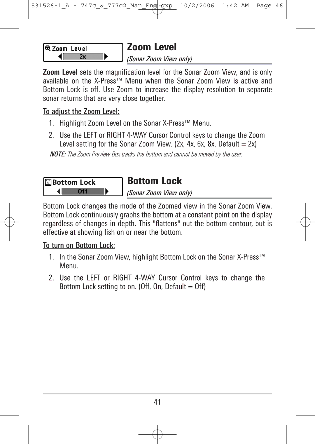 Humminbird 747c, 777c2 manual Zoom Level, Bottom Lock, Sonar Zoom View only 