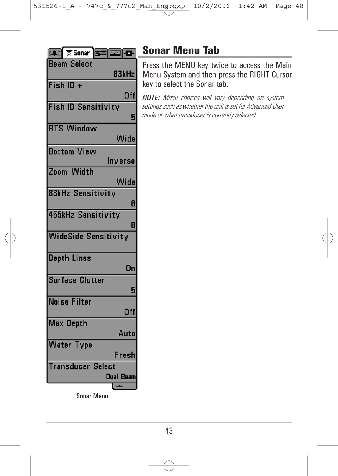 Humminbird 747c, 777c2 manual Sonar Menu Tab 